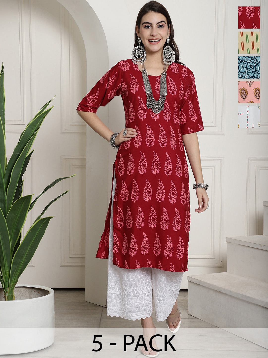 

7Threads Selection Of 5 Printed Straight Kurtas, Red