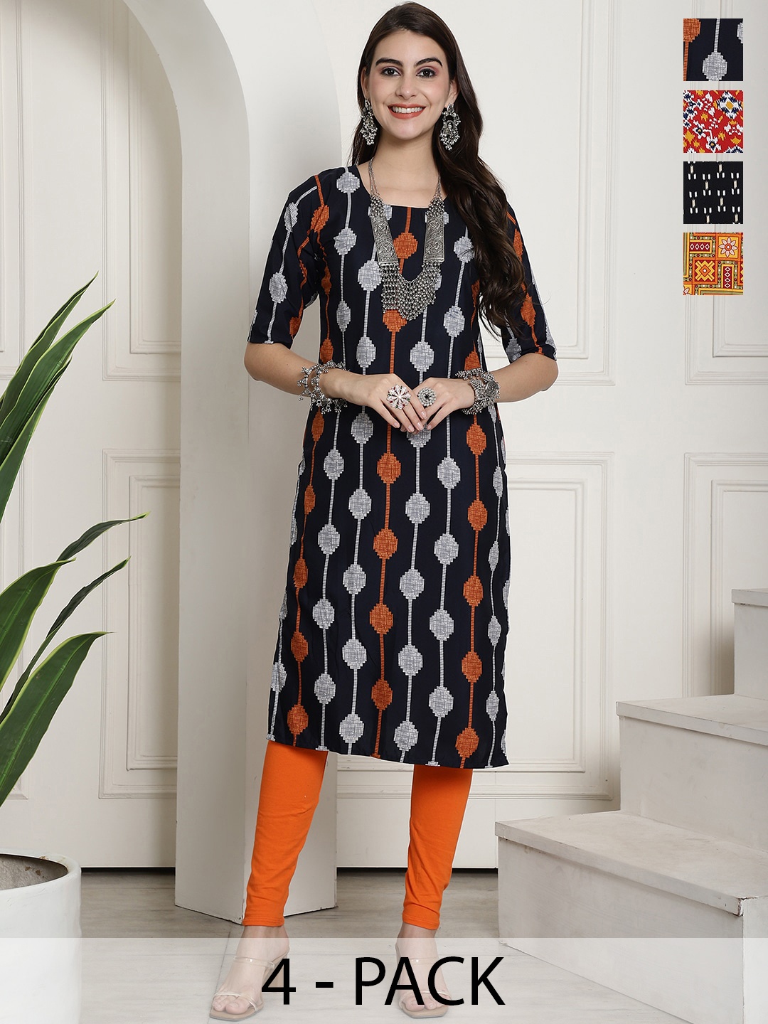 

7Threads Selection Of 4 Ethnic Motifs Printed Straight Kurtas, Navy blue