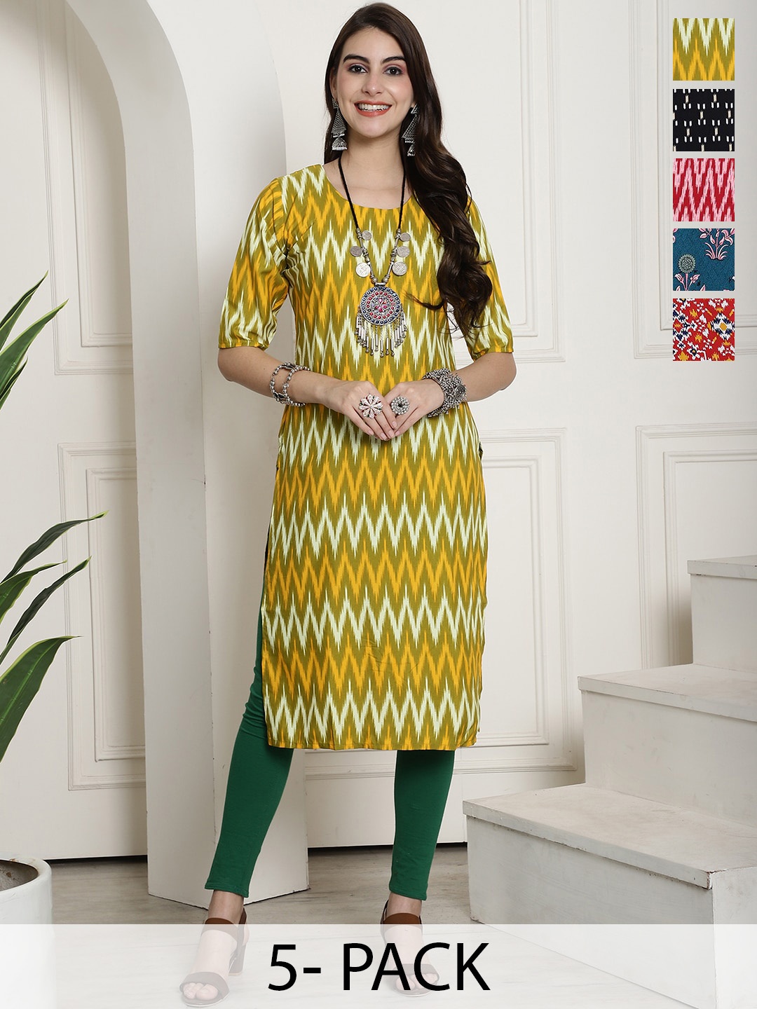 

7Threads Selection Of 5 Ethnic Motifs Printed Straight Kurtas, Green