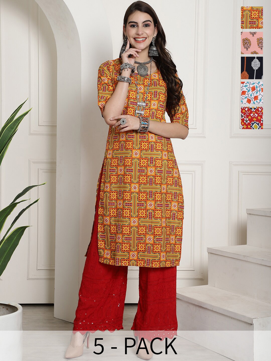 

7Threads Selection Of 5 Ethnic Motifs Printed Straight Kurtas, Yellow