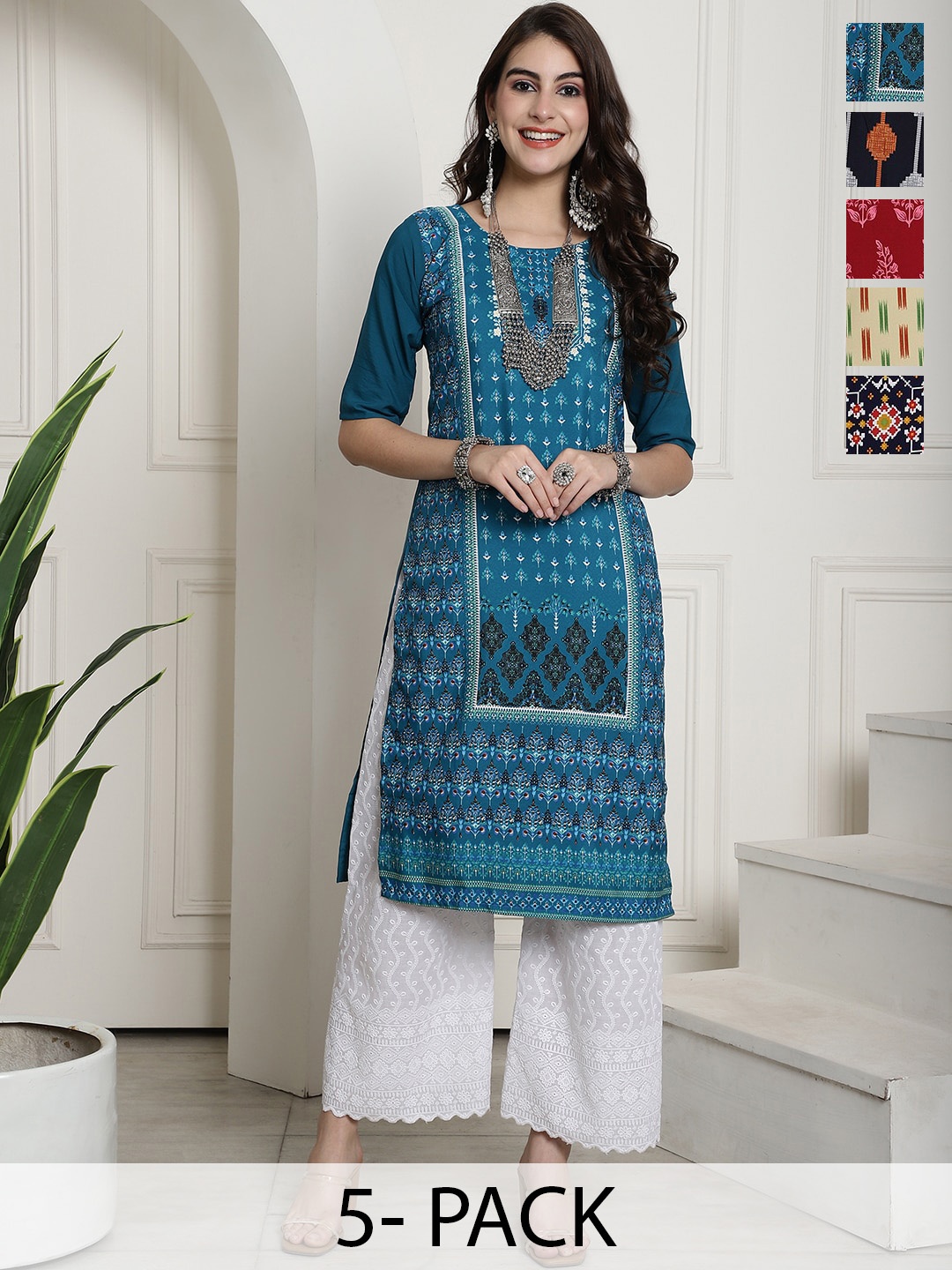 

7Threads Selection Of 5 Printed Crepe Kurta, Blue