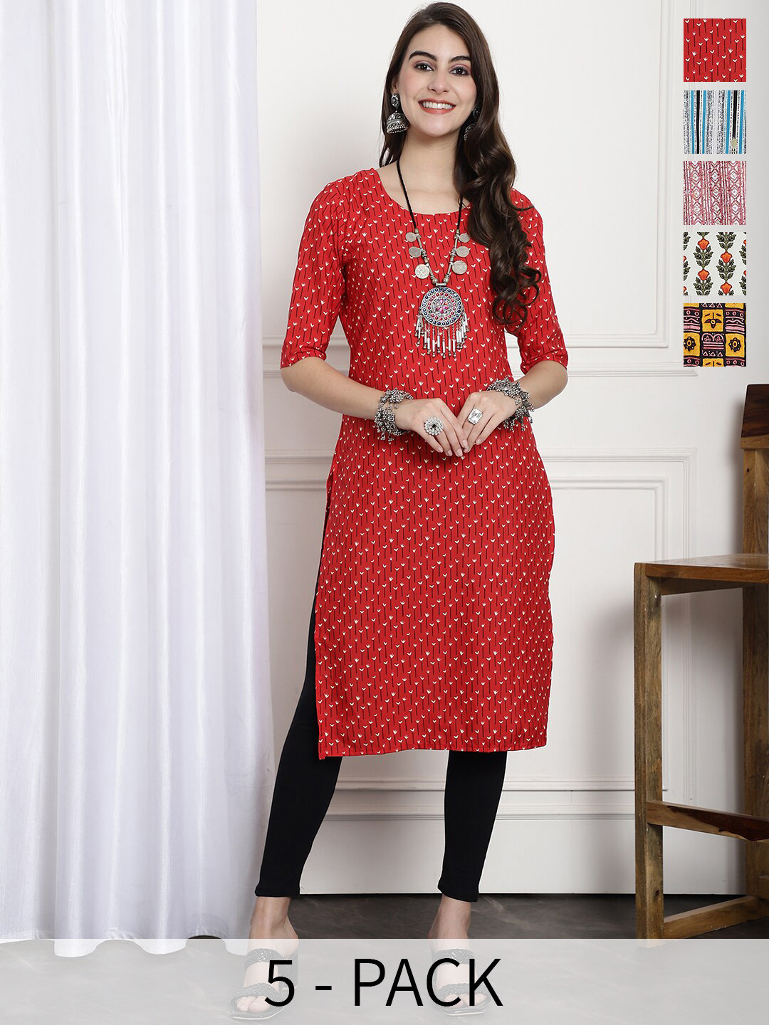 

7Threads Selection Of 5 Printed Round Neck Crepe Straight Kurta, Red