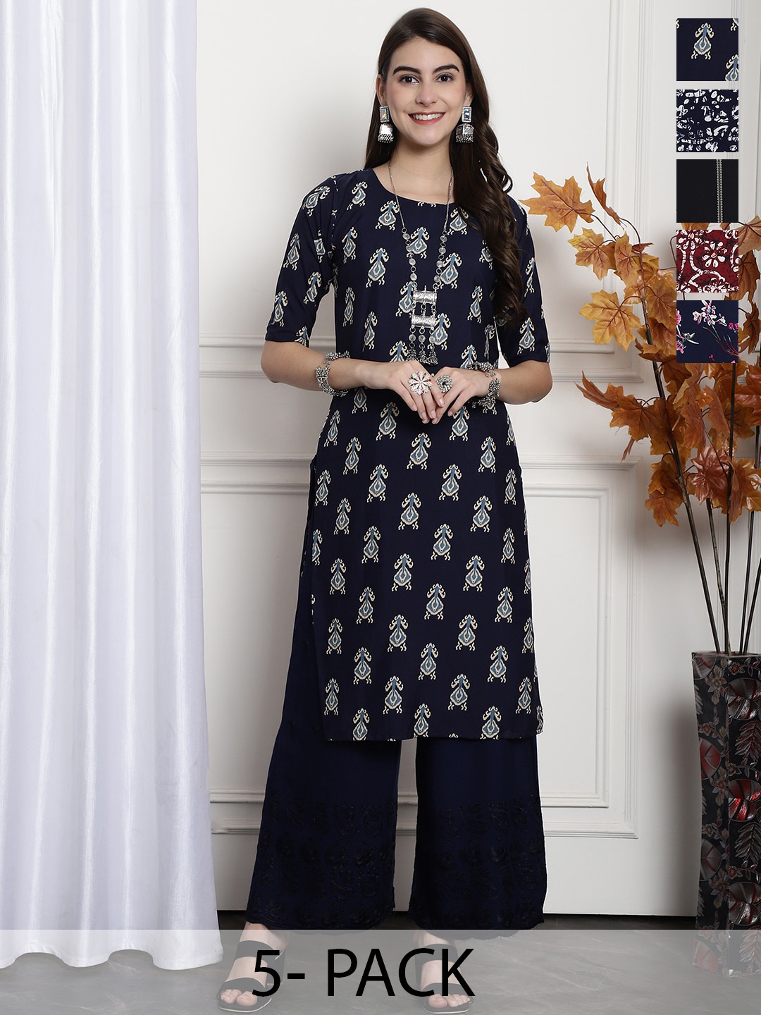 

7Threads Selection Of 5 Ethnic Motifs Printed Crepe Straight Kurta, Blue