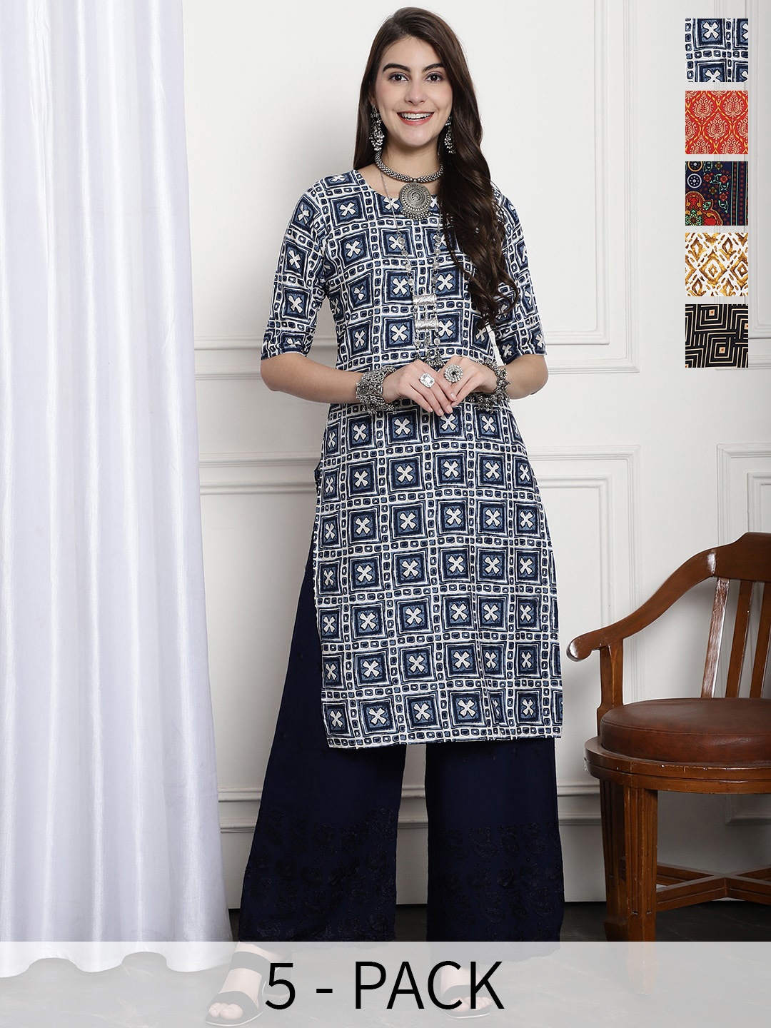 

7Threads Selection Of 5 Ethnic Motifs Printed Crepe Straight Kurta, Blue