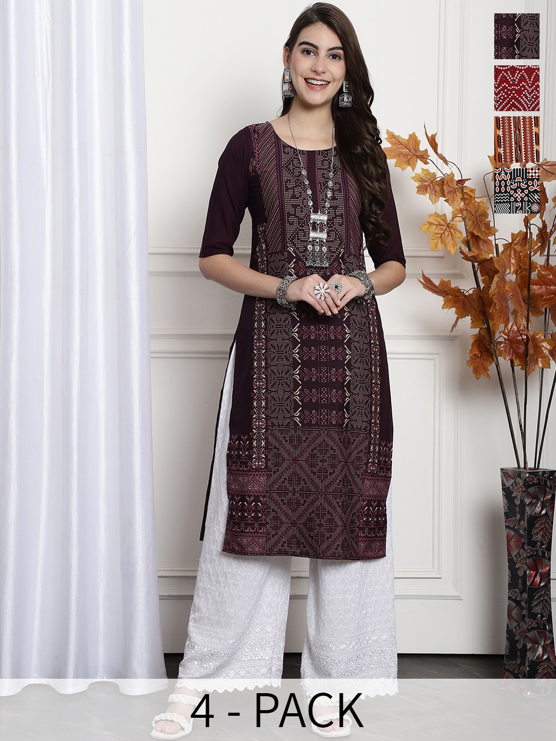 

7Threads Selection Of 5 Ethnic Motifs Printed Straight Kurta, Brown