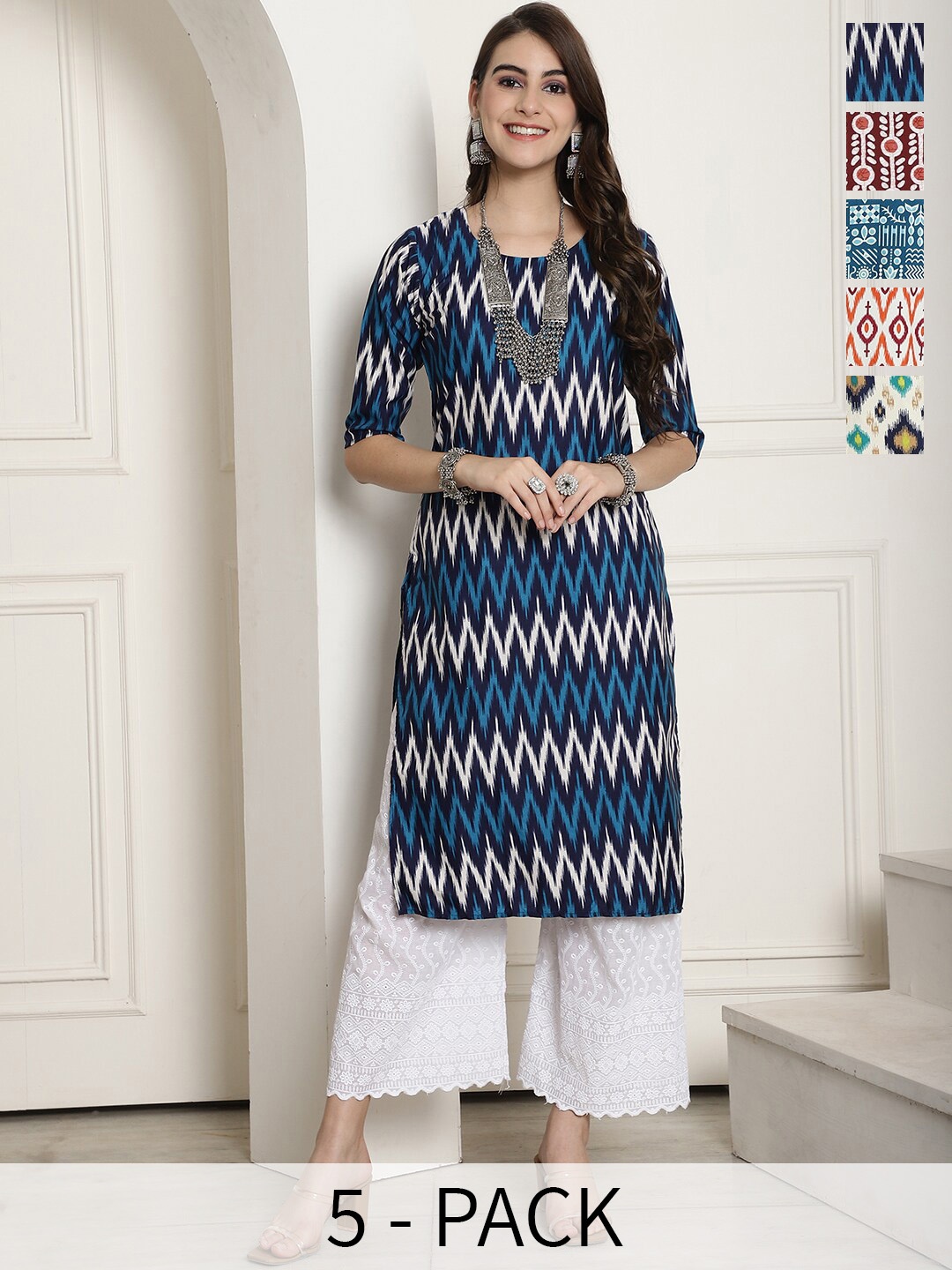 

7Threads Selection Of 5 Printed Round Neck Kurtas, Navy blue