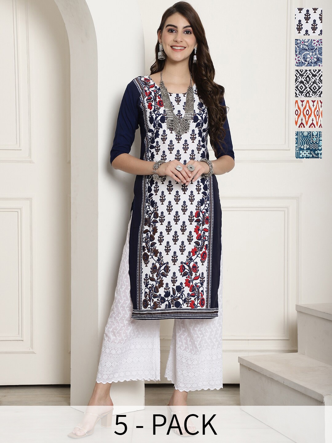 

7Threads Selection Of 5 Printed Round Neck Kurtas, White