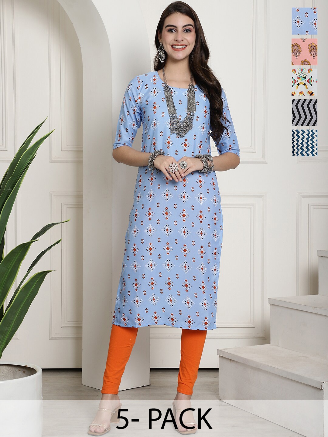 

7Threads Selection Of 5 Printed Straight Crepe Kurtas, Blue
