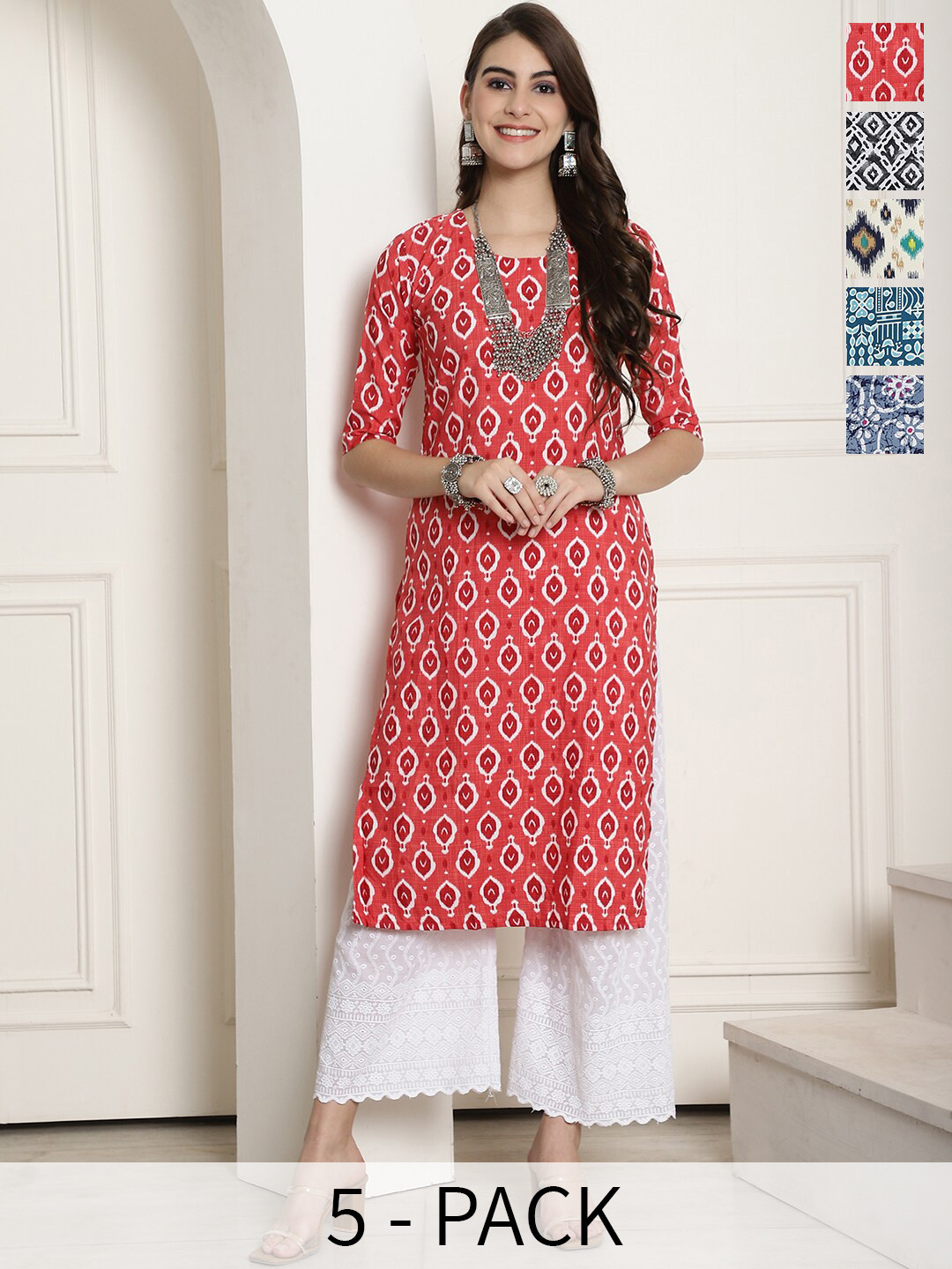 

7Threads Selection Of 5 Printed Straight Crepe Kurtas, Red