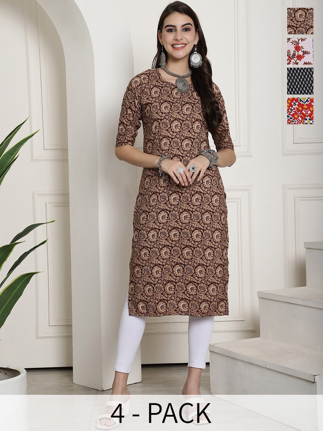 

7Threads Selection Of 4 Printed Straight Crepe Kurtas, Maroon