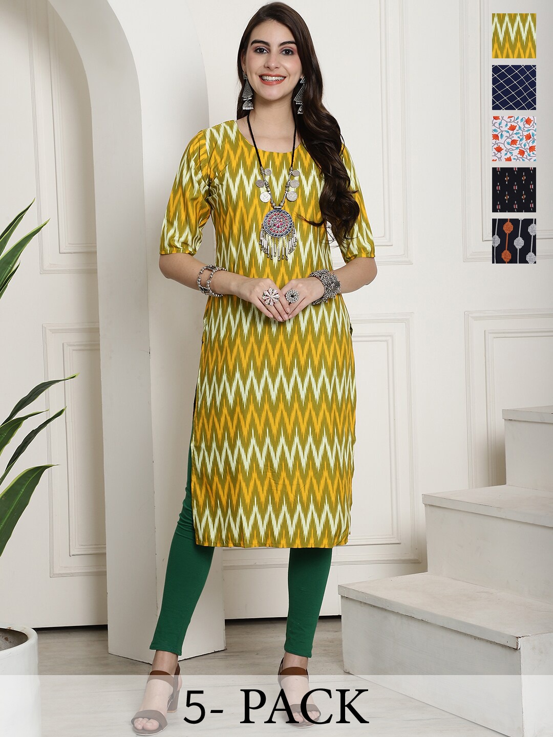 

7Threads Pack of 3 Ethnic Motifs Printed Summer Sheers Crepe Kurta, Multi