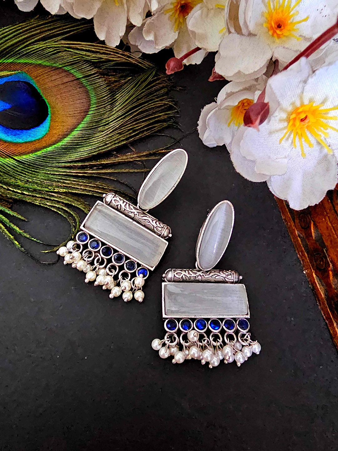 

Binnis Wardrobe Silver-Plated Stone-Studded & Beaded Drop Earrings