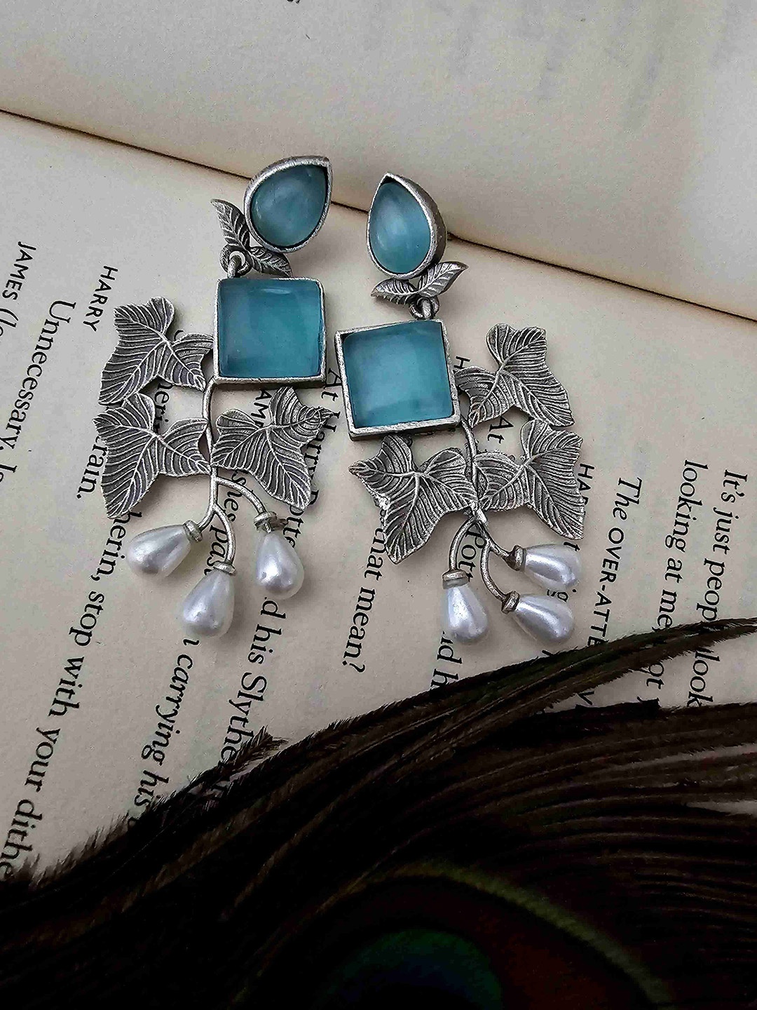 

Binnis Wardrobe German Silver-Plated Stone-Studded Floral Drop Earrings