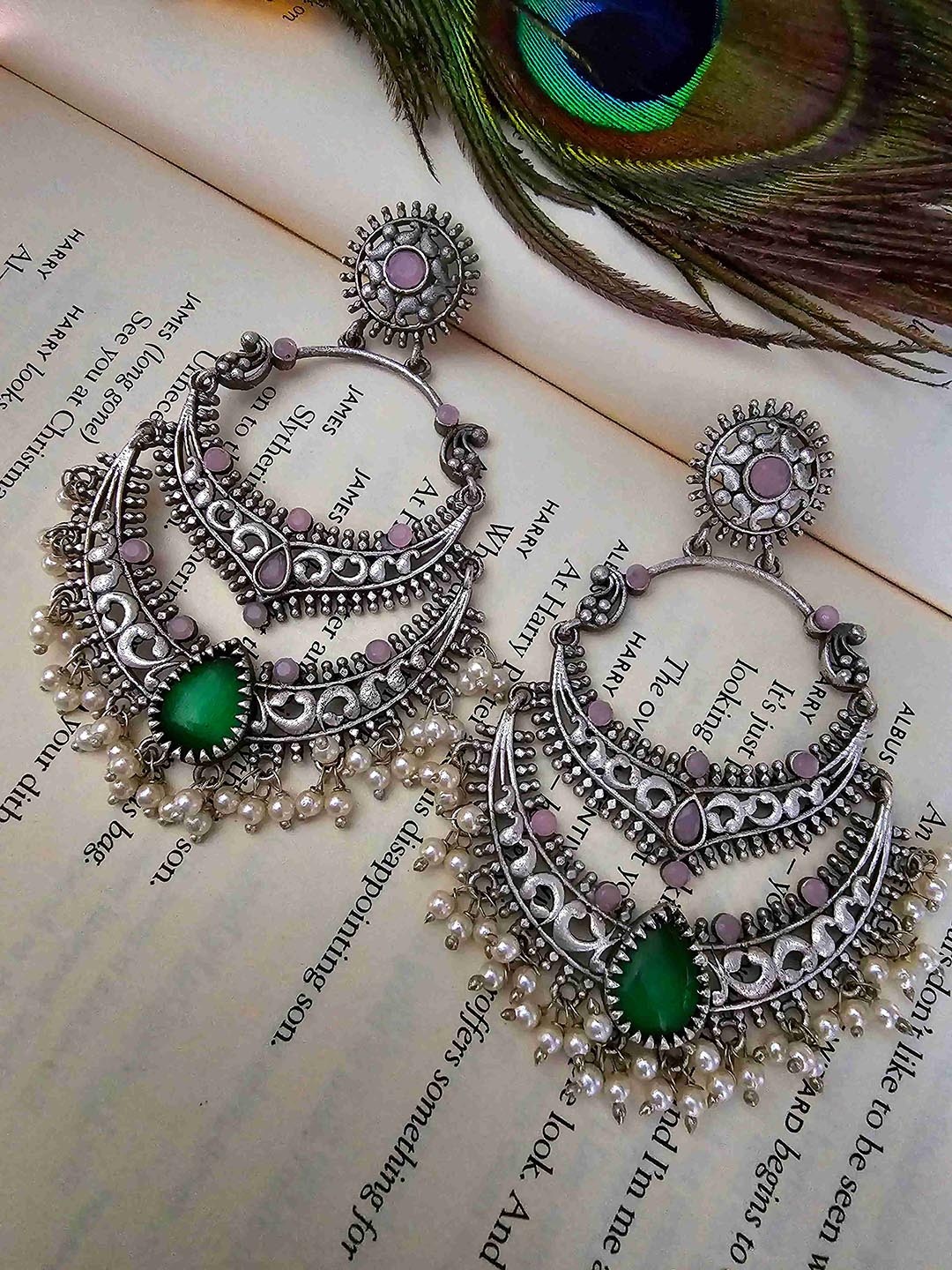 

Binnis Wardrobe Silver Plated Stone Studded & Beaded Drop Earrings