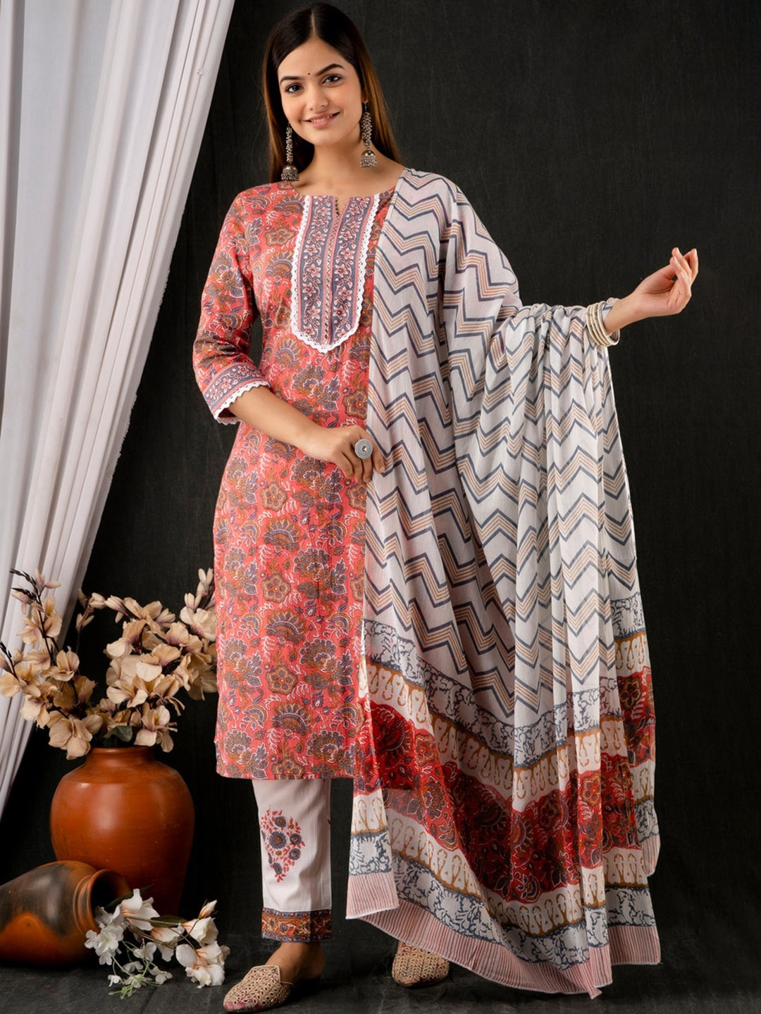 

STYLUM FAB Floral Printed Lace Detail Pure Cotton Kurta with Trousers & Dupatta, Peach