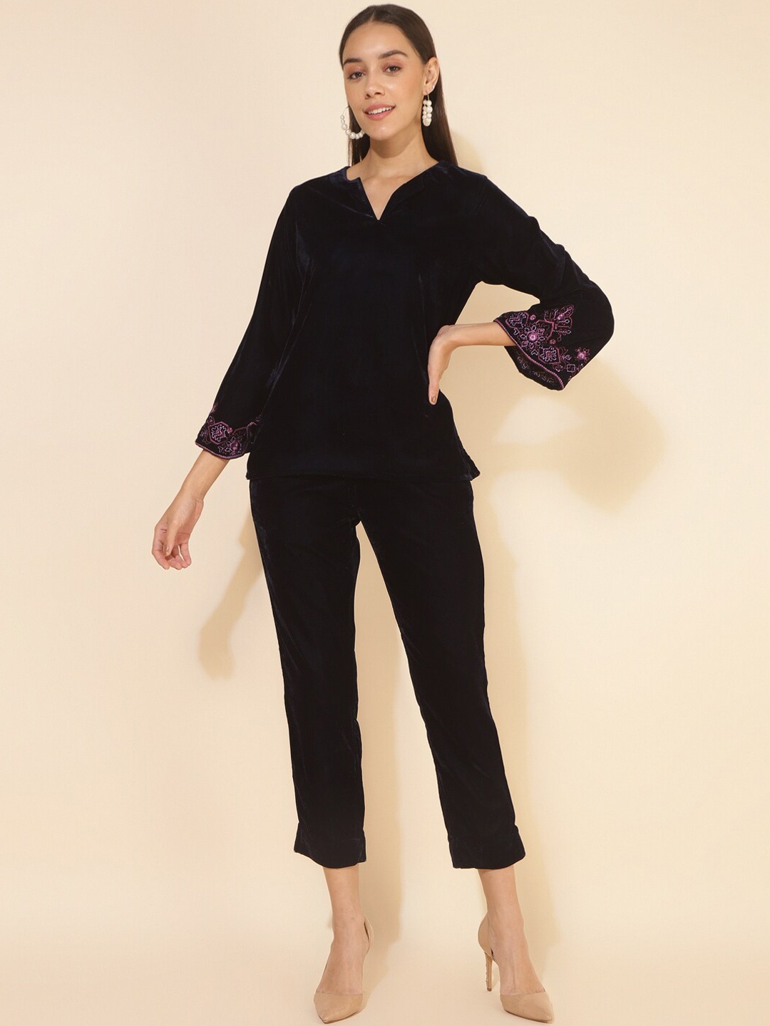 

Janasya Round Neck Top With Trousers, Navy blue