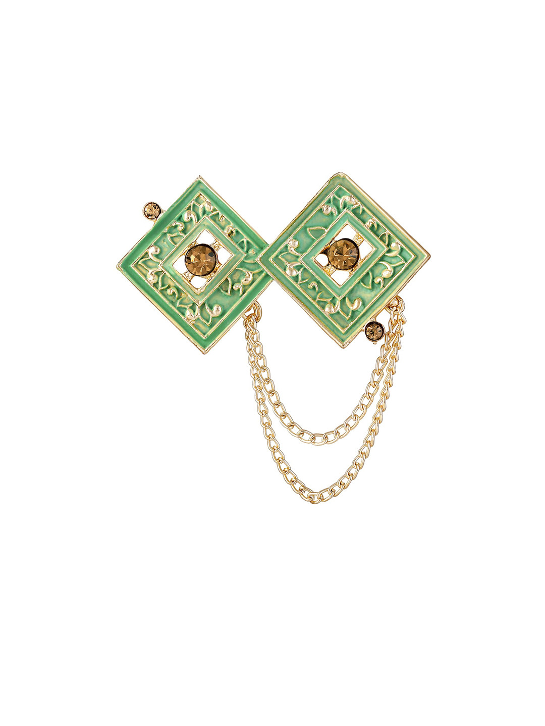 

Mahi Men Meenakari Work Dual Rhombus Shaped Hanging Chains Brooch, Green