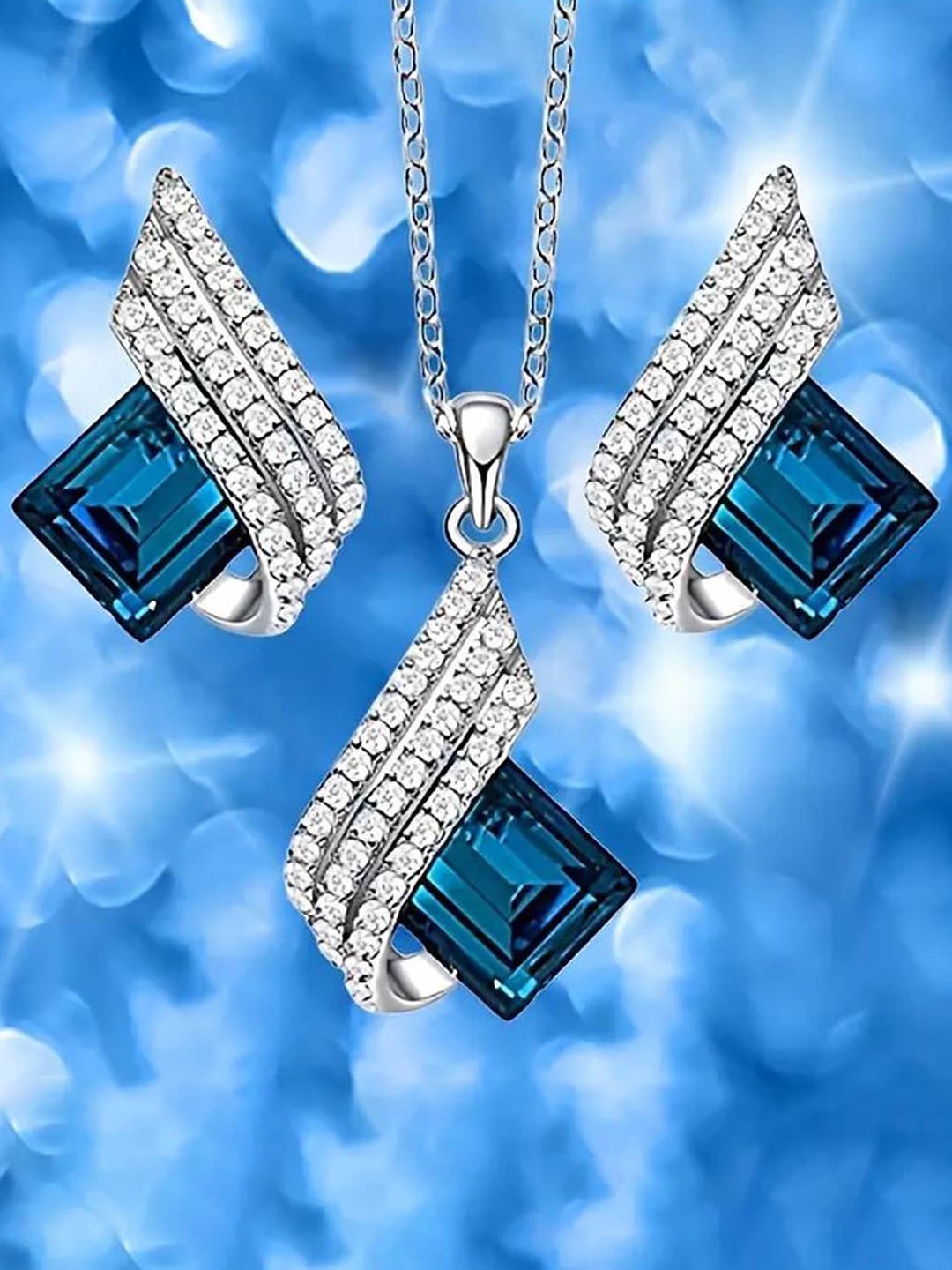 

Mahi Rhodium-Plated Crystal-Studded Necklace and Earrings, Blue