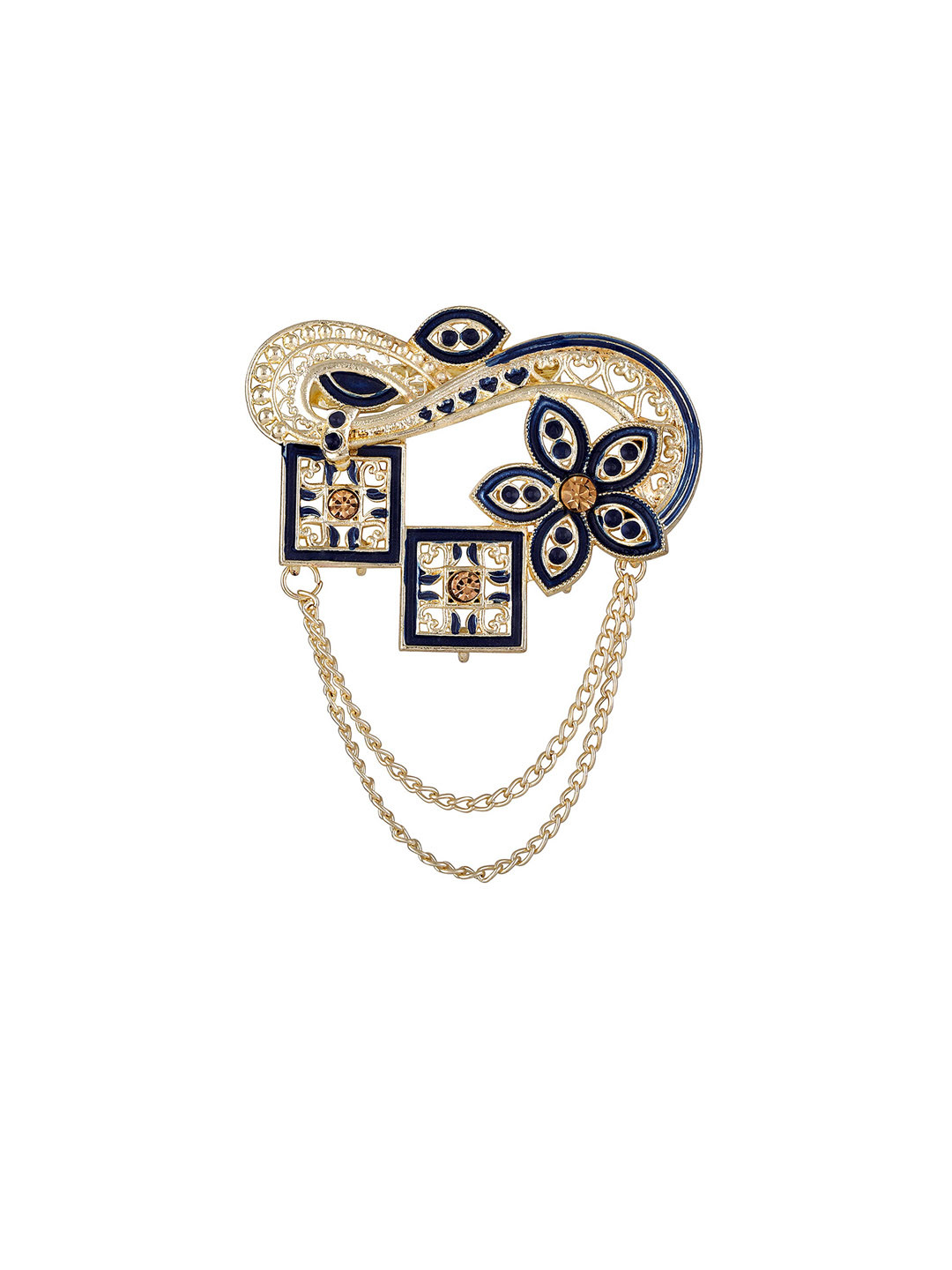 

Mahi Men Meenakari Enamel Square And Floral Design Layered Chain Brooch, Blue