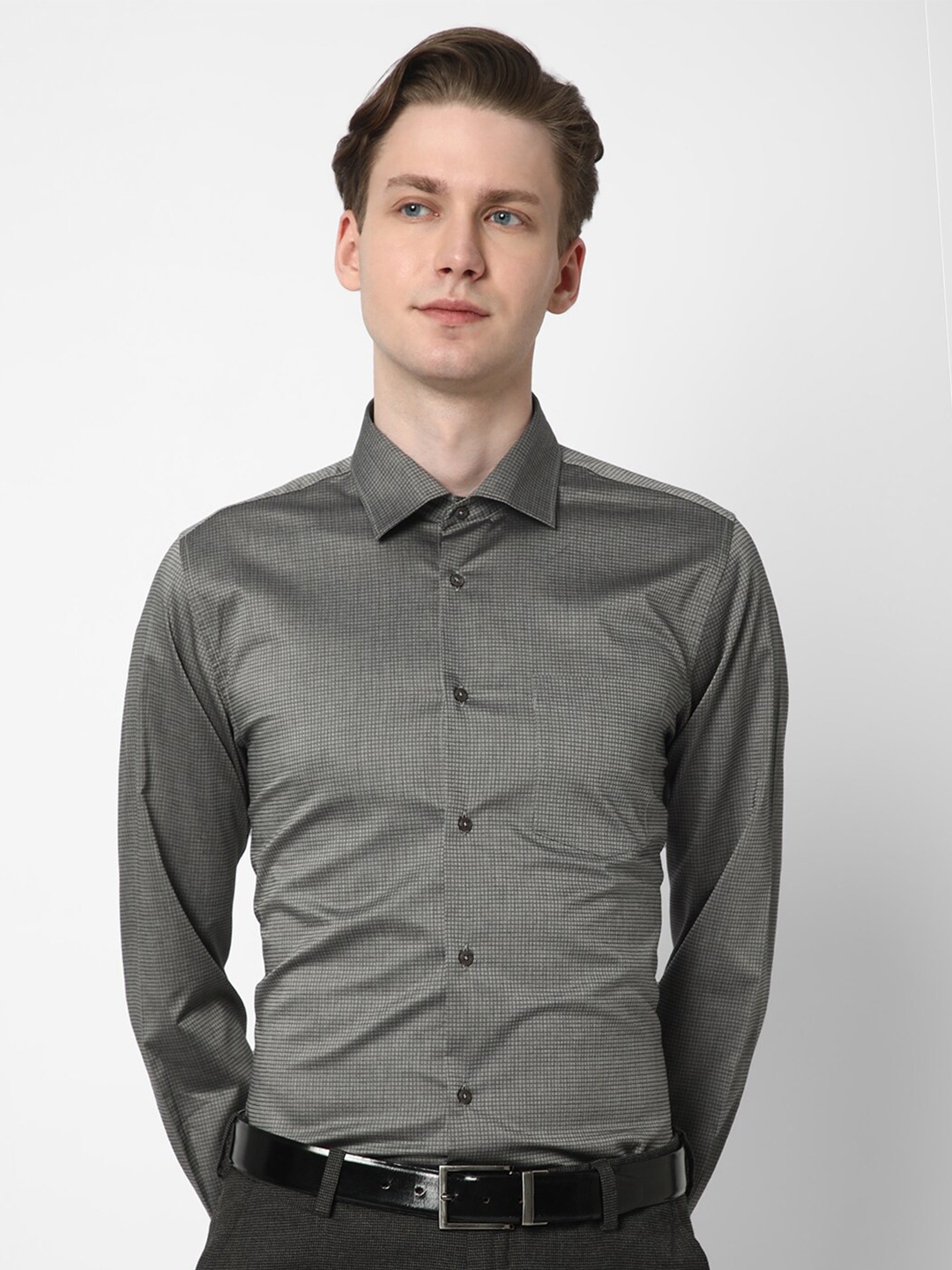 

Cotstyle Premium Slim Fit Micro Checked Cotton Formal Shirt, Grey