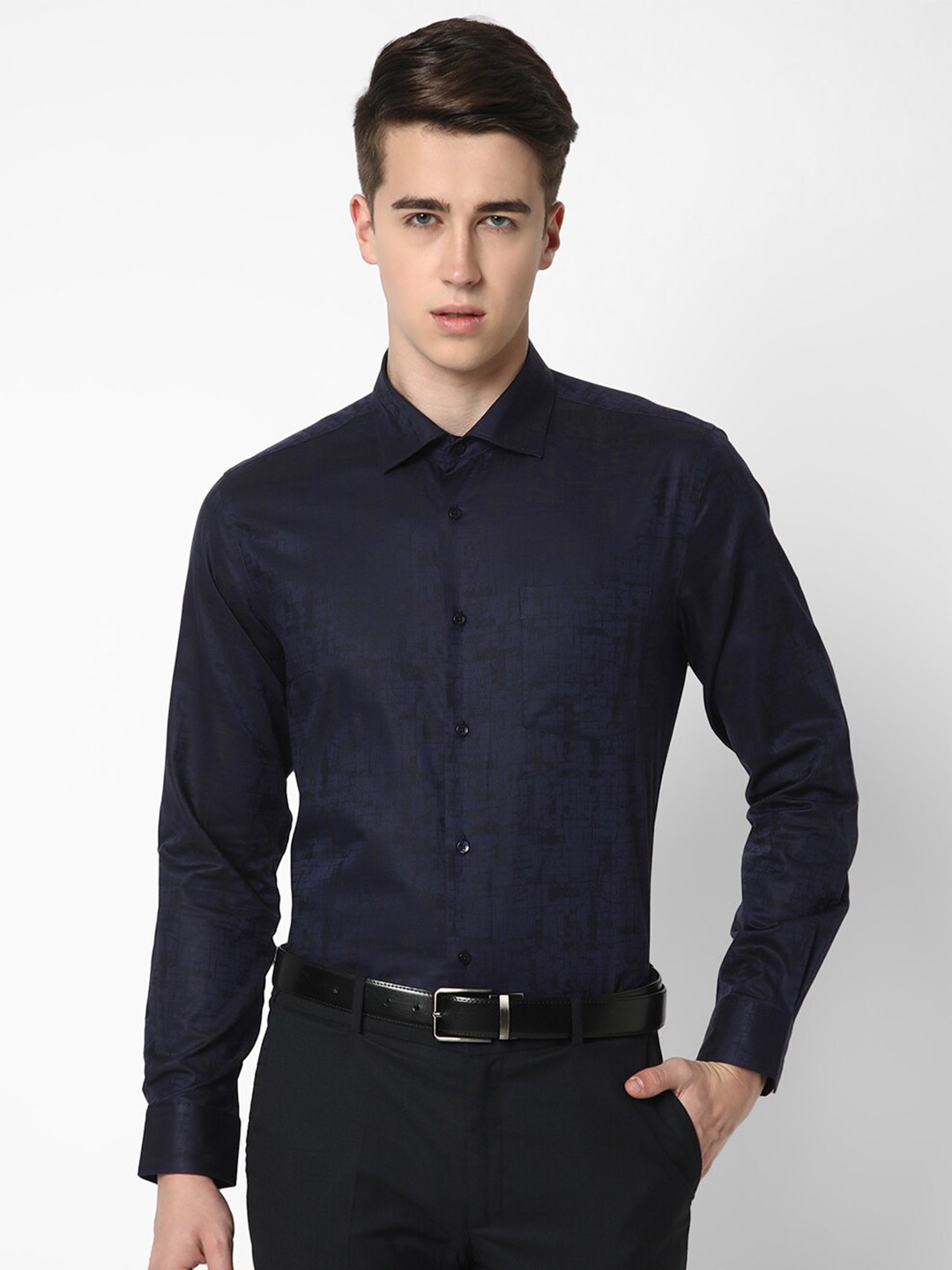 

Cotstyle Spread Collar Premium Slim Fit Abstract Printed Formal Cotton Shirt, Navy blue