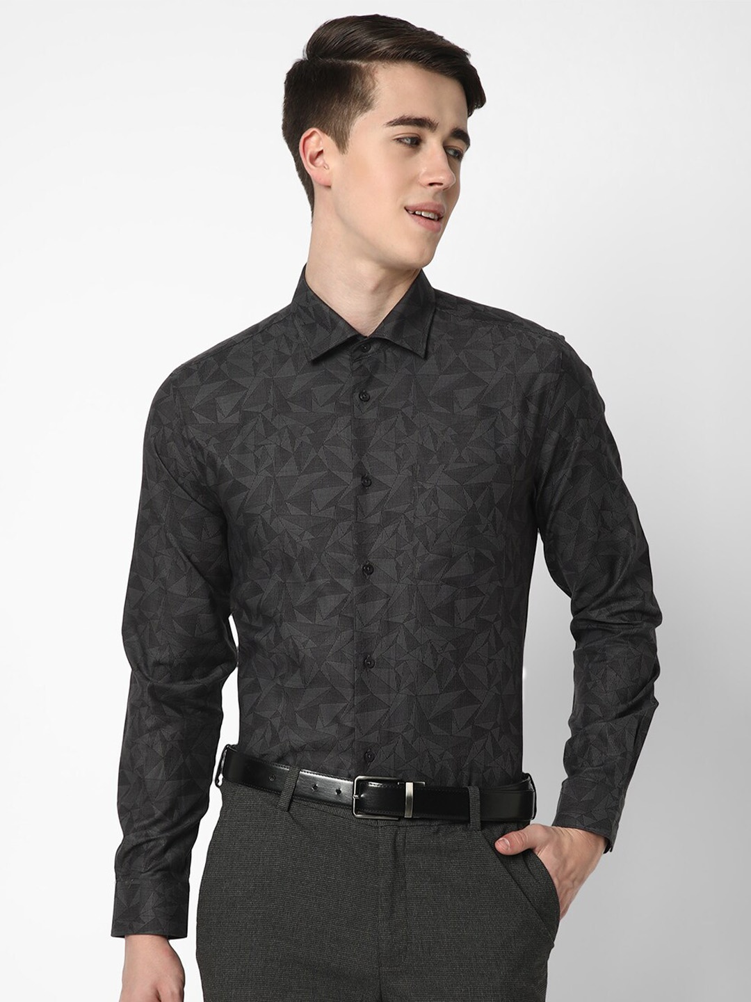 

Cotstyle Spread Collar Slim Fit Geometric Printed Formal Cotton Shirt, Black