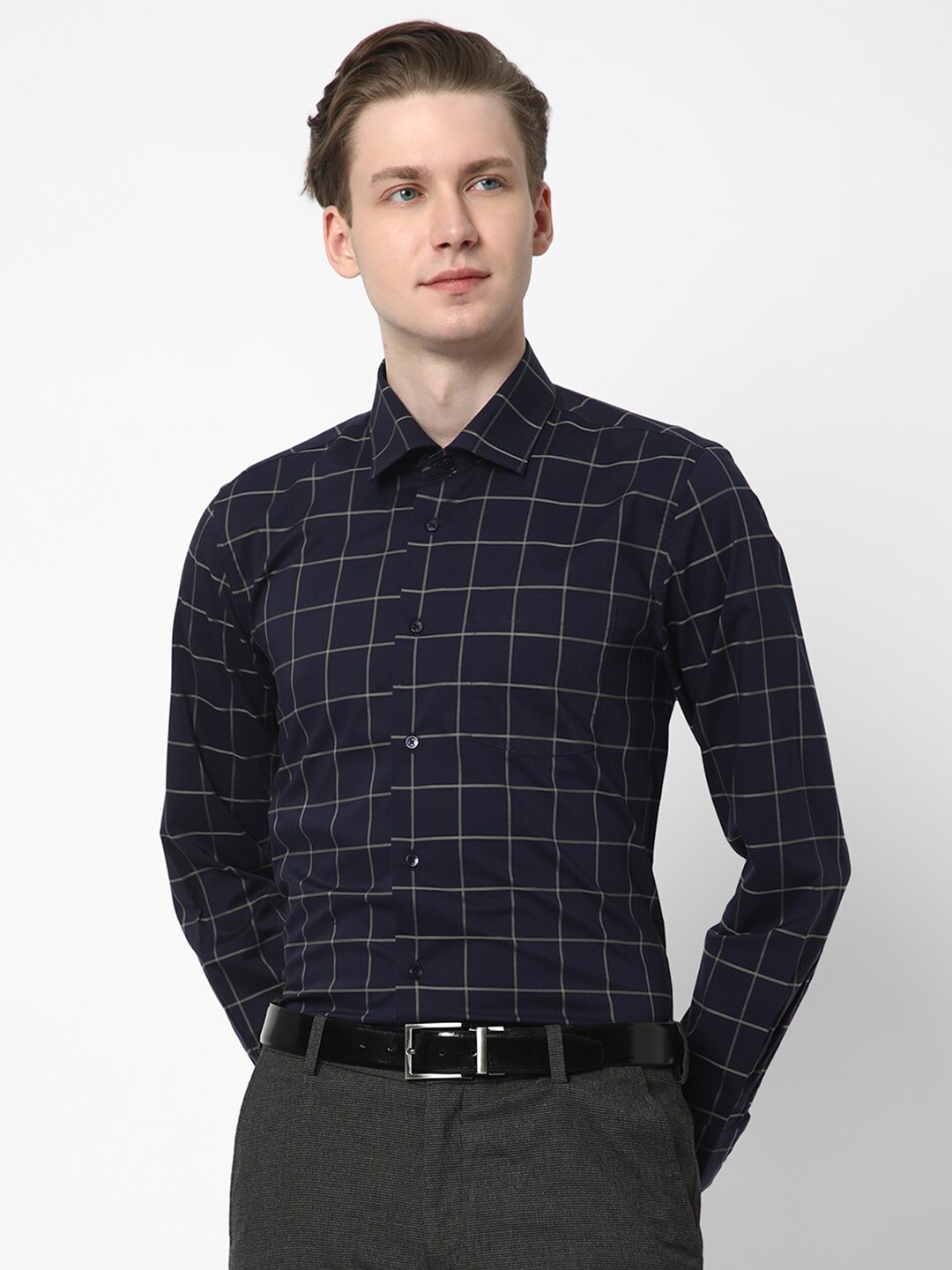 

Cotstyle Premium Slim Fit Checked Cotton Formal Shirt, Blue