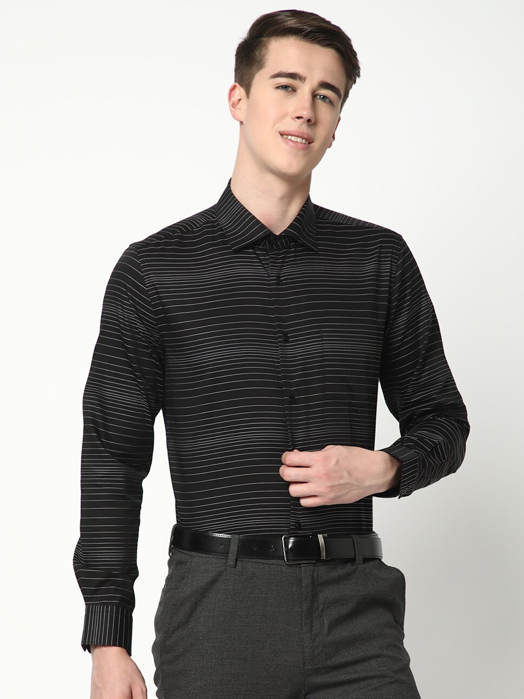 

Cotstyle Premium Slim Fit Horizontal Striped Cotton Formal Shirt, Black