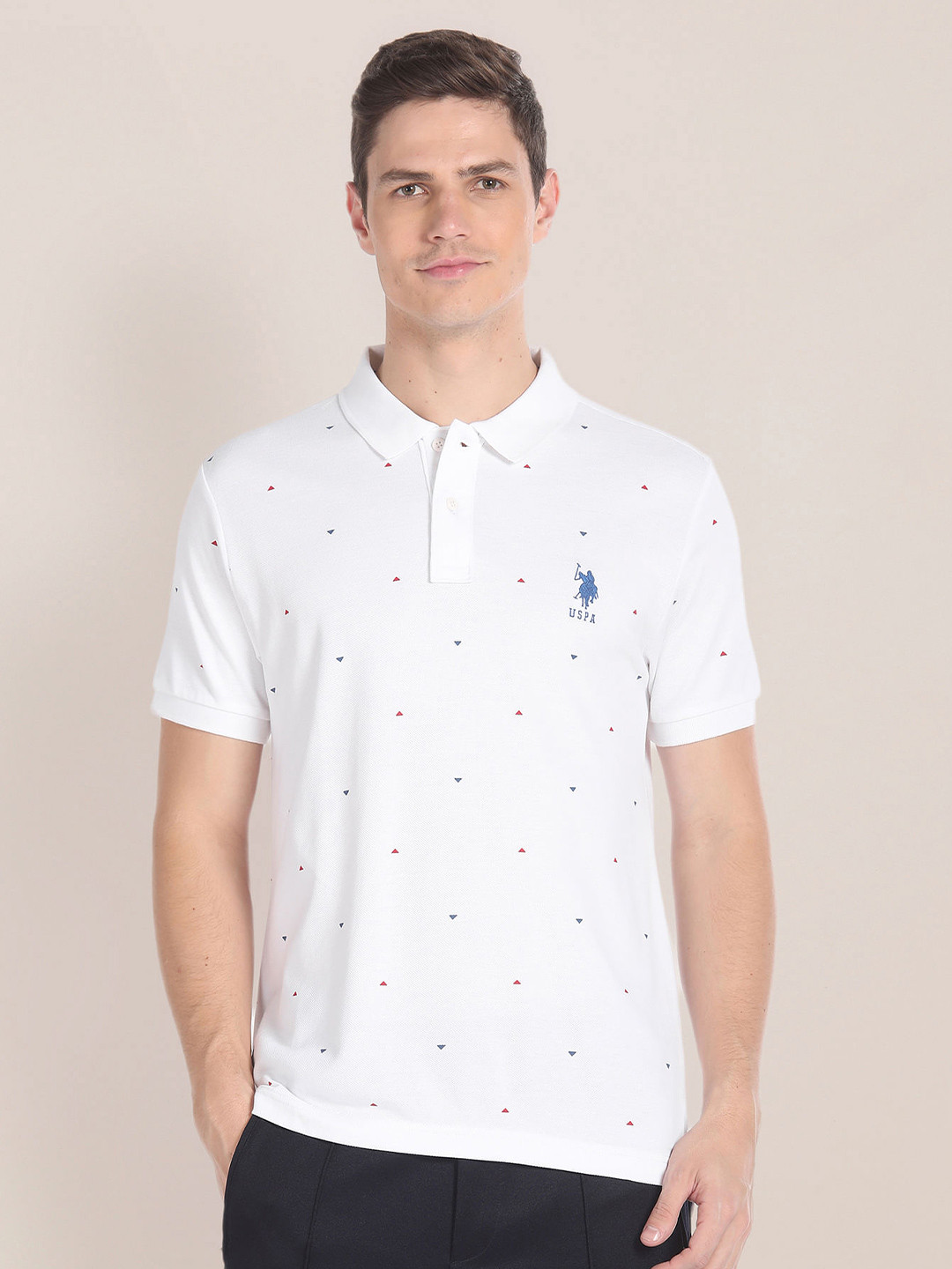 

U.S. Polo Assn. Conversational Printed Polo Collar Pure Cotton Slim Fit T-shirt, White