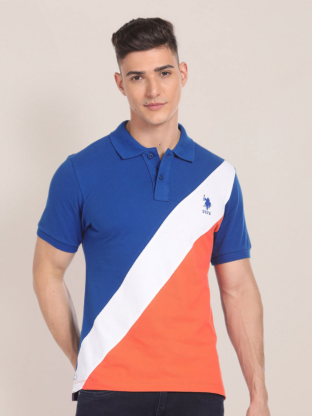 

U.S. Polo Assn. Colourblocked Polo Collar Pure Cotton Slim Fit T-shirt, Blue