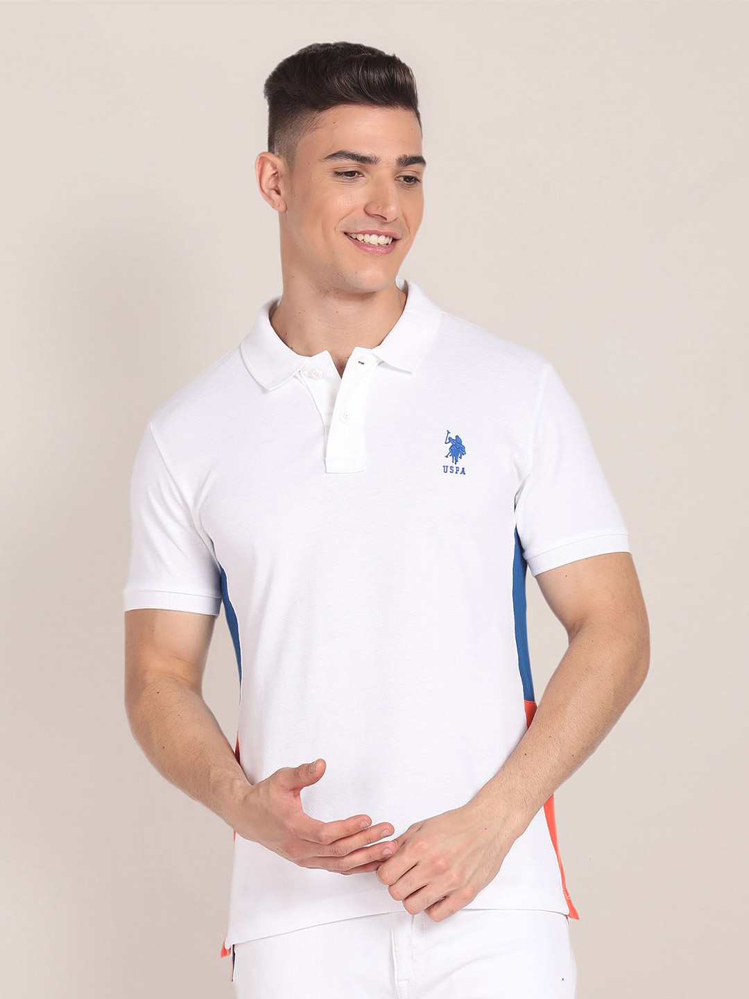

U.S. Polo Assn. Colourblocked Polo Collar Pure Cotton Slim Fit T-shirt, White