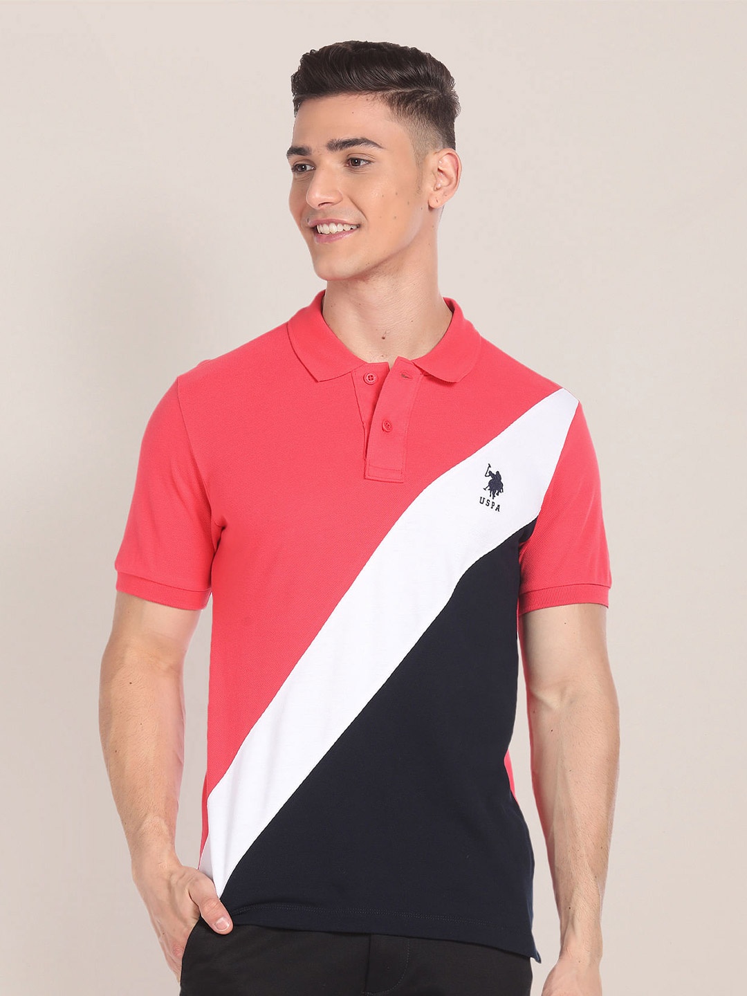 

U.S. Polo Assn. Colourblocked Polo Collar Pure Cotton Slim Fit T-shirt, Coral