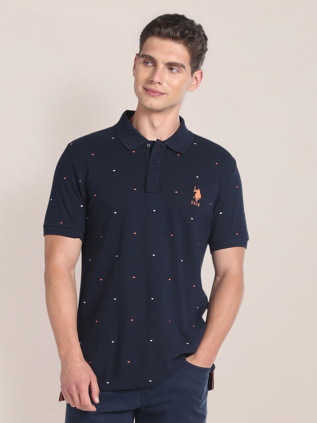 

U.S. Polo Assn. Conversational Printed Polo Collar Cotton Slim Fit T-shirt, Navy blue