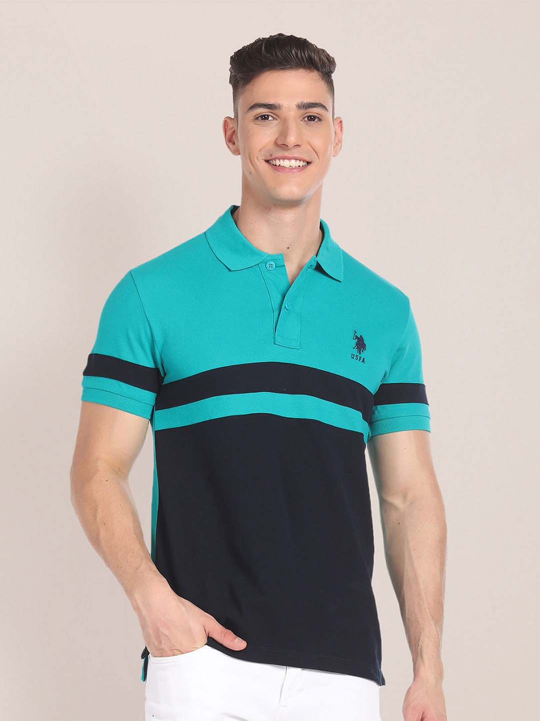 

U.S. Polo Assn. Colourblocked Polo Collar Pure Cotton Slim Fit T-shirt, Teal