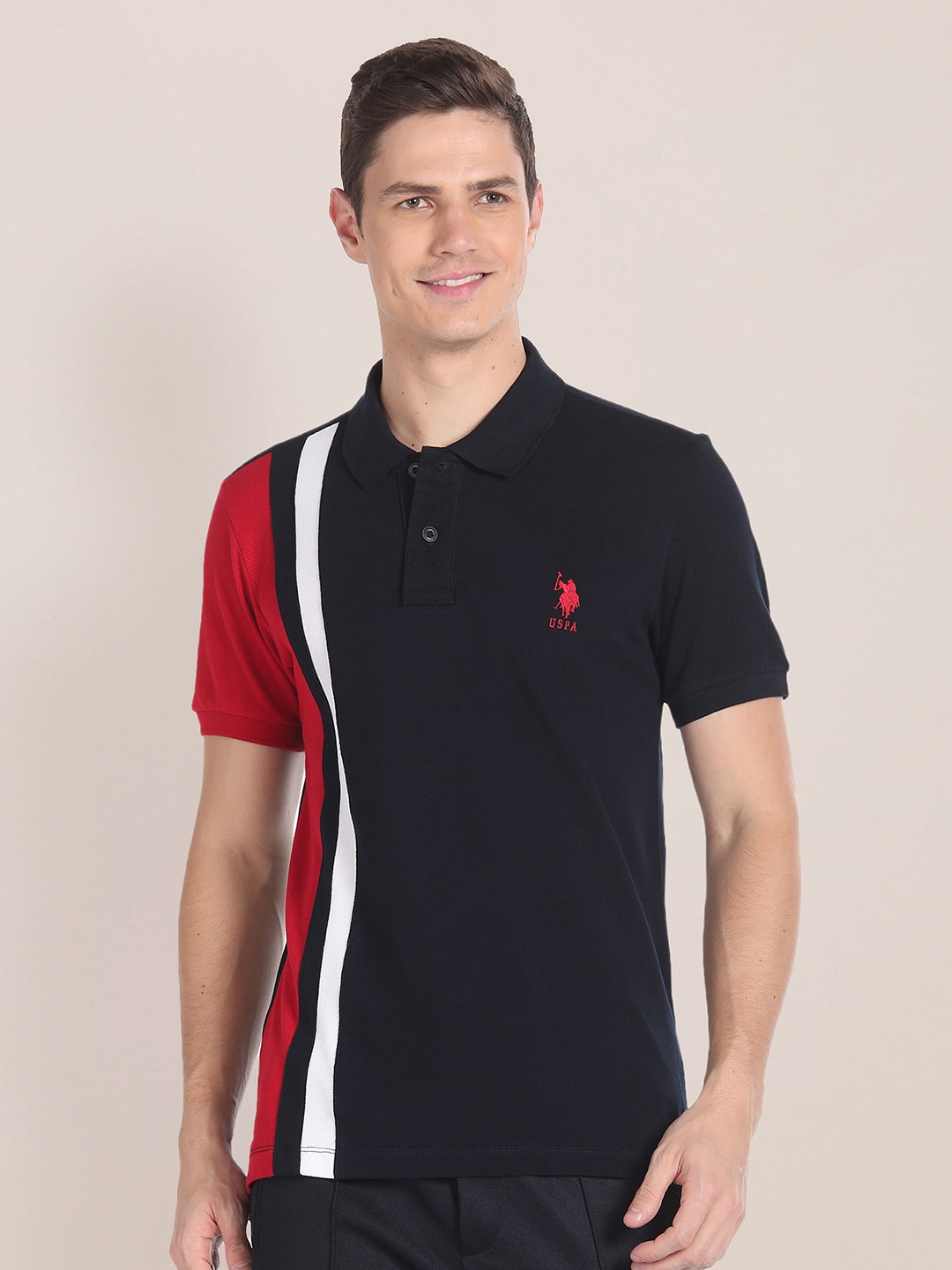 

U.S. Polo Assn. Colourblocked Polo Collar Pure Cotton T-shirt, Navy blue