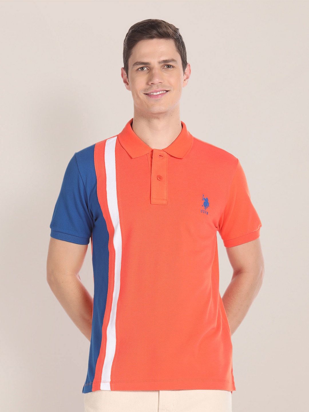

U.S. Polo Assn. Colourblocked Polo Collar Pure Cotton T-shirt, Orange