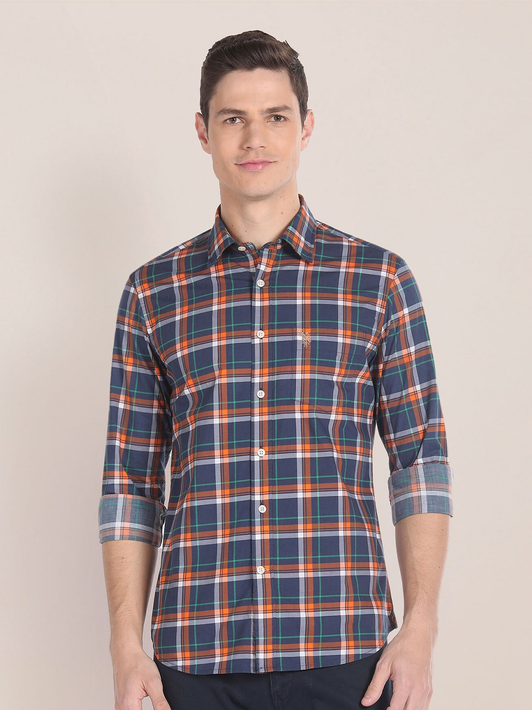 

U.S. Polo Assn. Spread Collar Tartan Checked Pure Cotton Casual Shirt, Blue