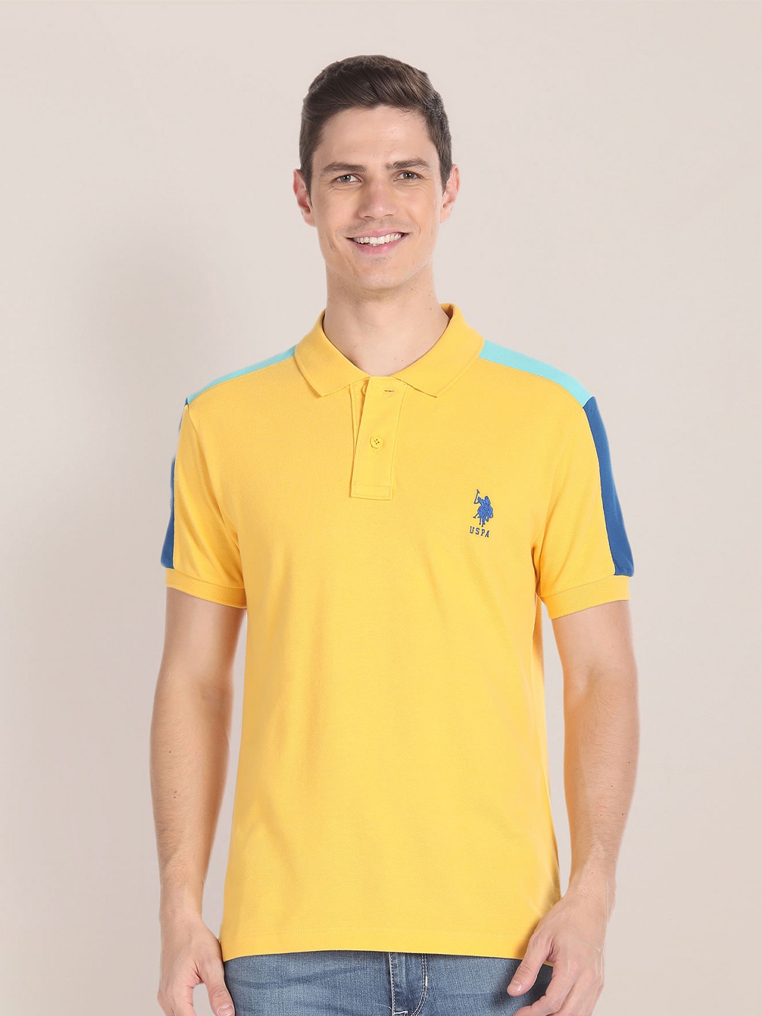 

U.S. Polo Assn. Colourblocked Polo Collar Pure Cotton Slim Fit T-shirt, Yellow