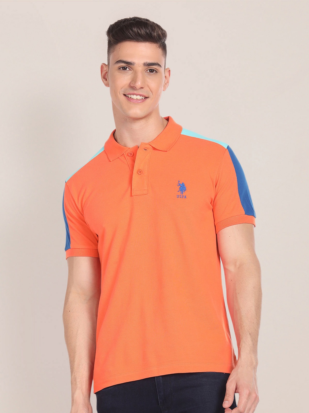 

U.S. Polo Assn. Colourblocked Slim Fit Polo Collar T-shirt, Orange