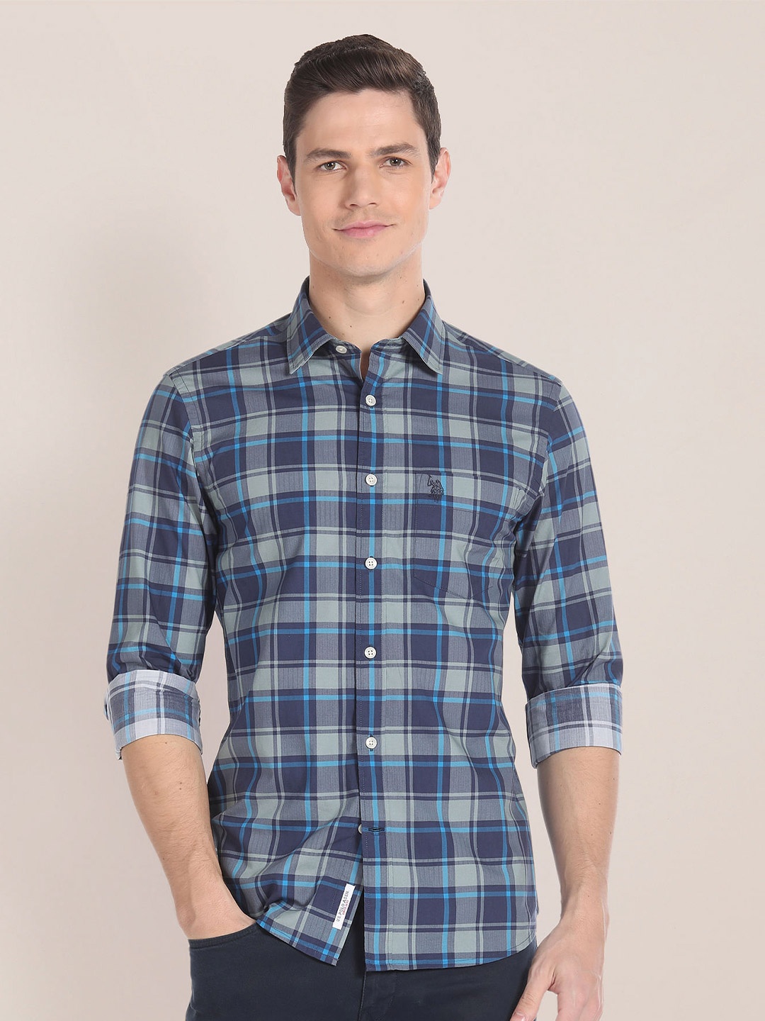 

U.S. Polo Assn. Spread Collar Tartan Checked Pure Cotton Casual Shirt, Blue