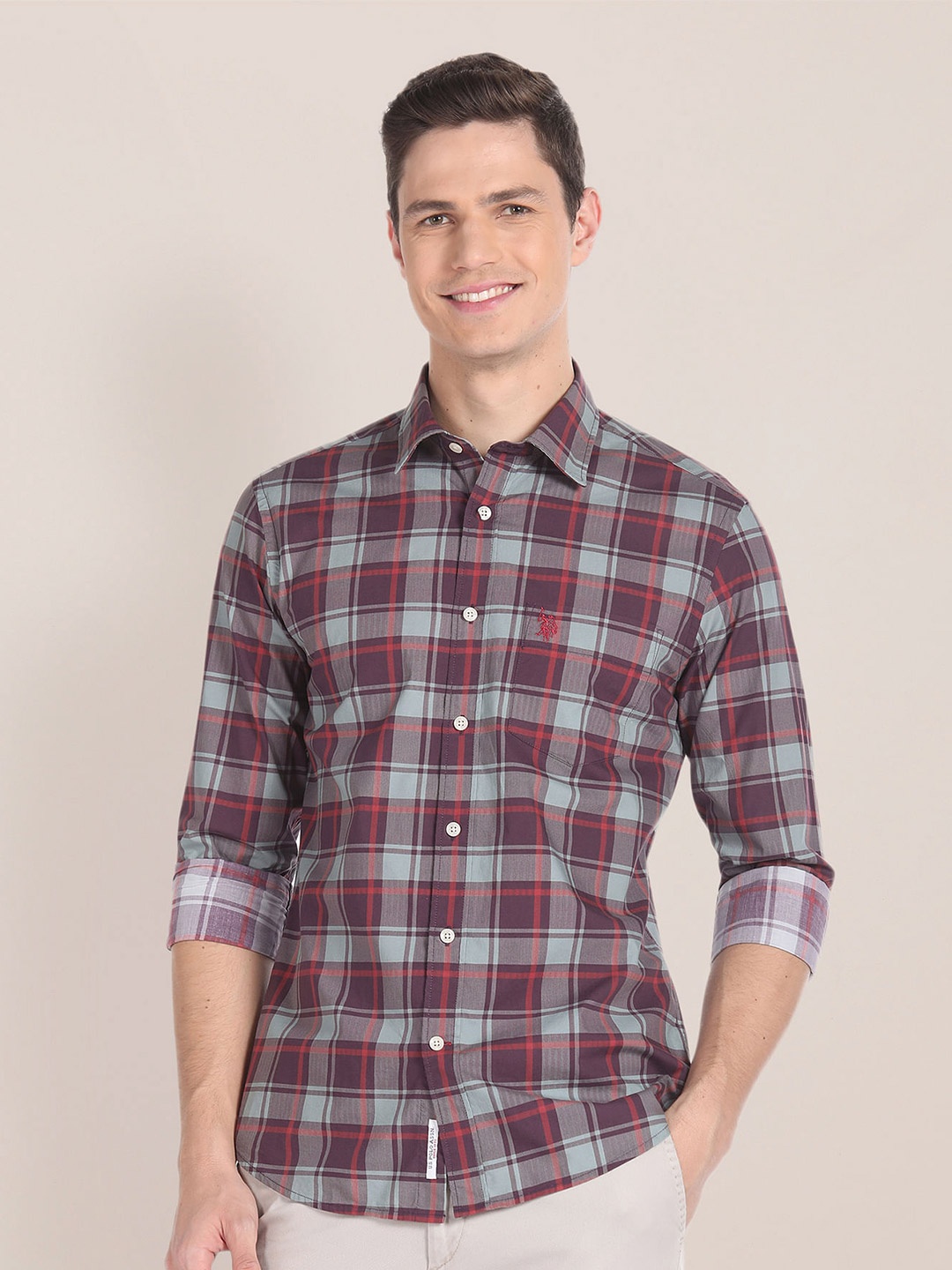 

U.S. Polo Assn. Spread Collar Tartan Checked Pure Cotton Casual Shirt, Brown