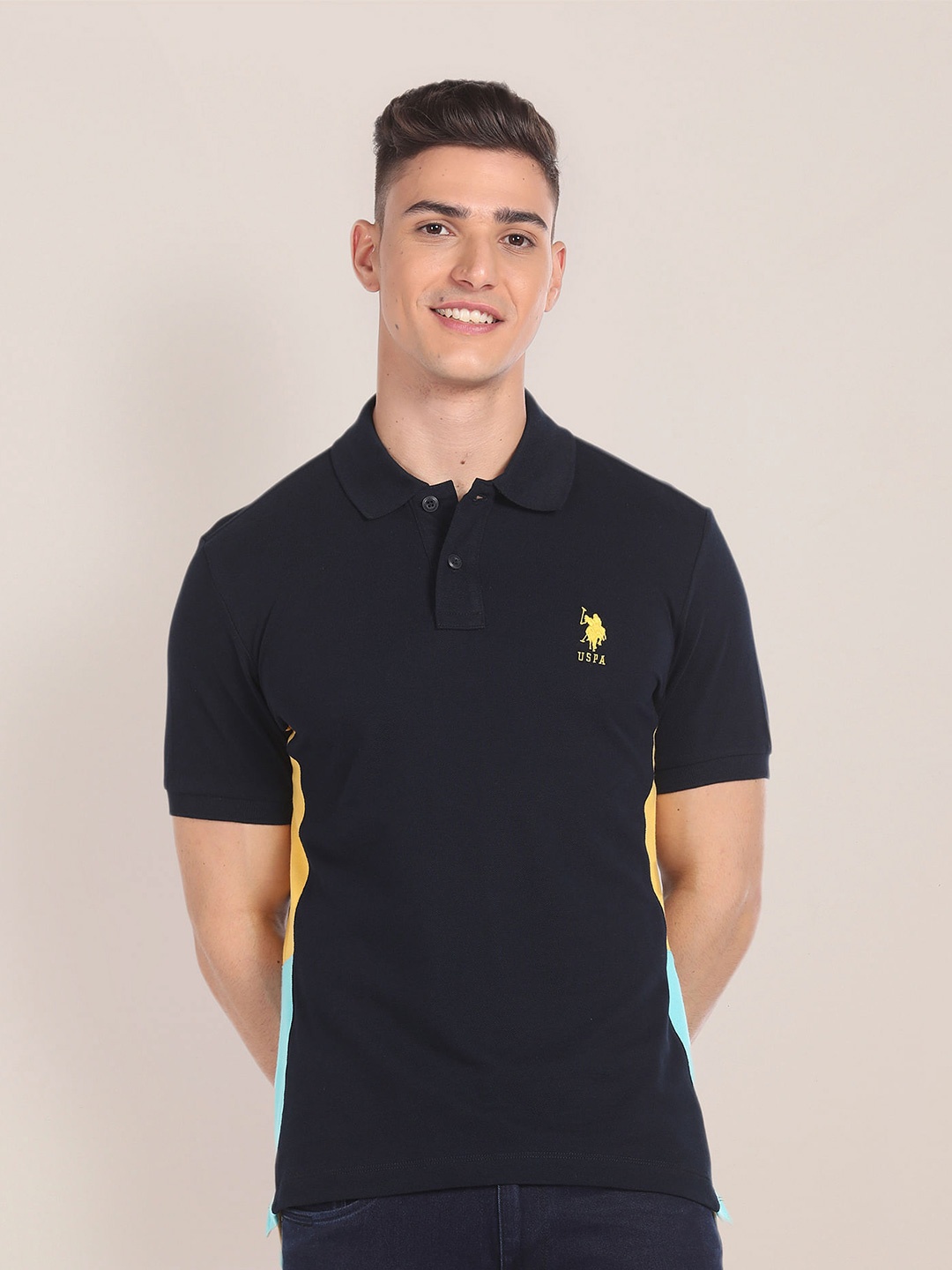 

U.S. Polo Assn. Colourblocked Polo Collar Pure Cotton Slim Fit T-shirt, Navy blue