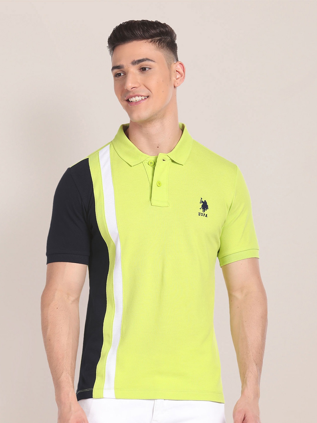 

U.S. Polo Assn. Colourblocked Polo Collar Pure Cotton Slim Fit T-shirt, Green