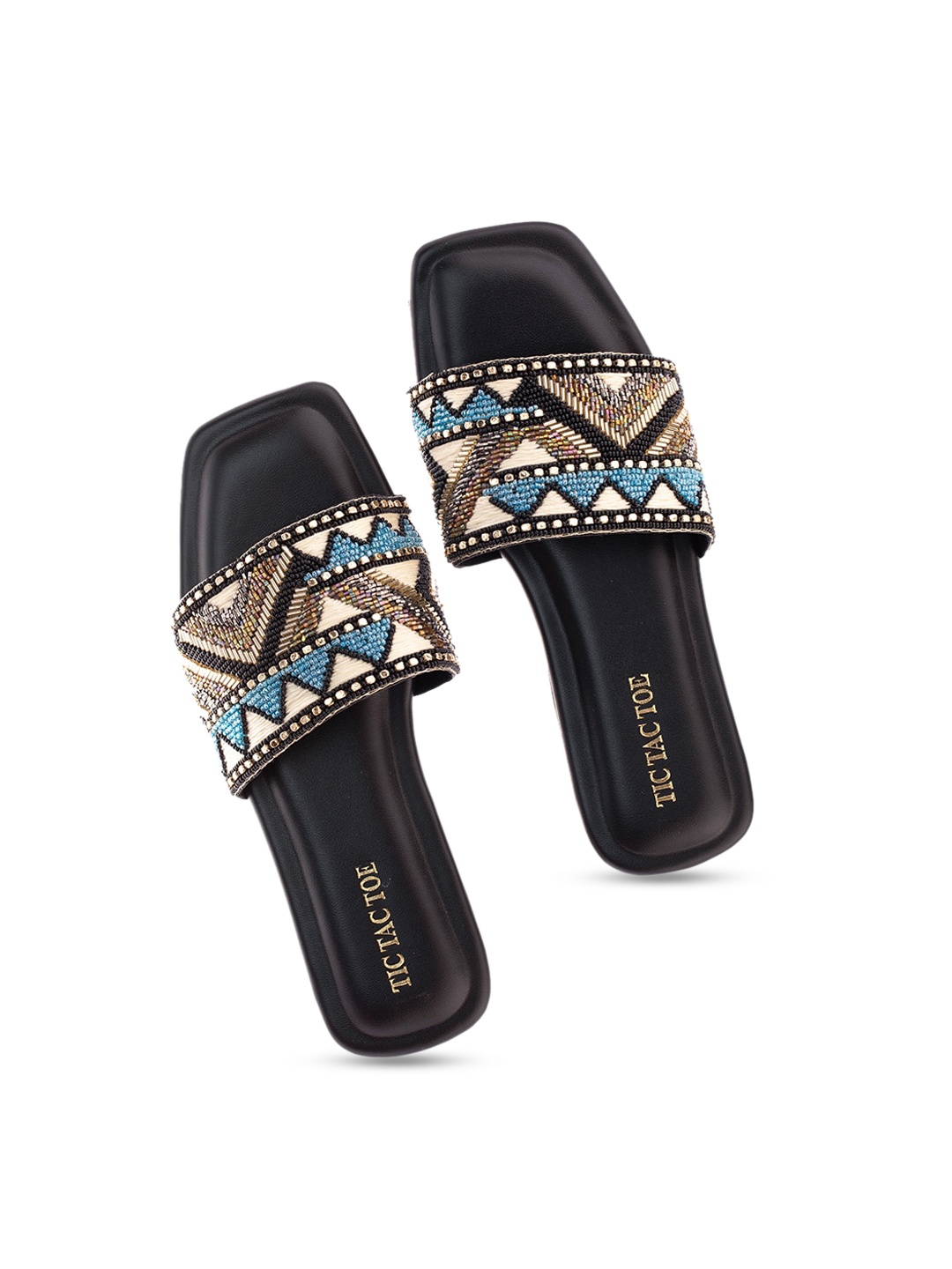 

TIC TAC TOE Women Embellished Ethnic Open Toe Flats, Black