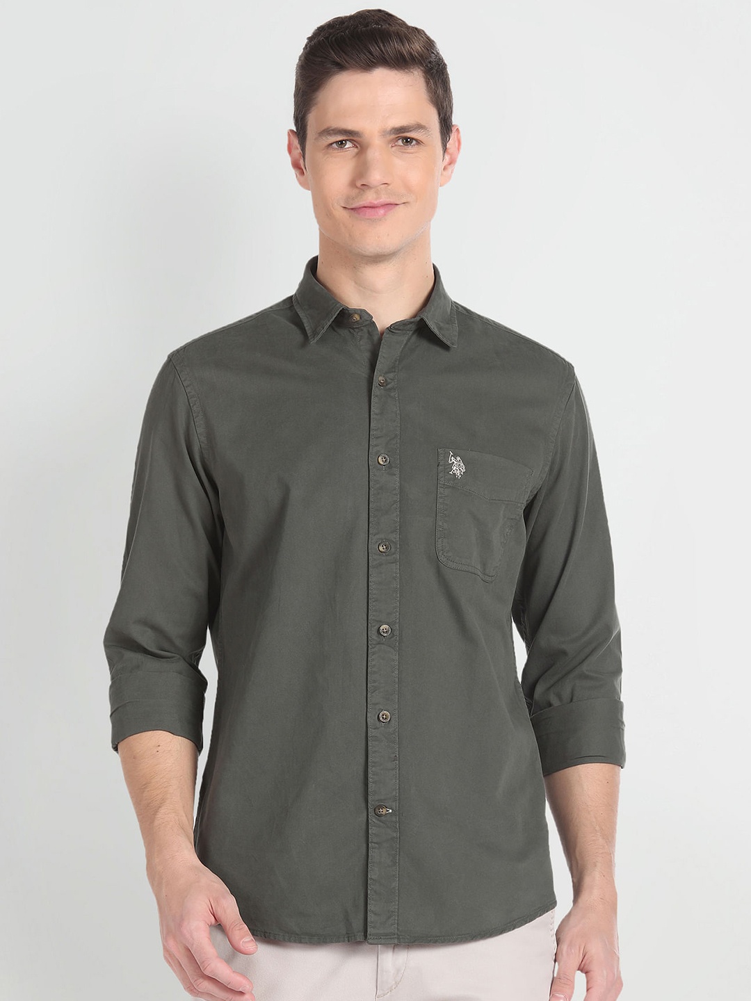 

U.S. Polo Assn. Denim Co. Spread Collar Pure Cotton Slim Fit Casual Shirt, Grey