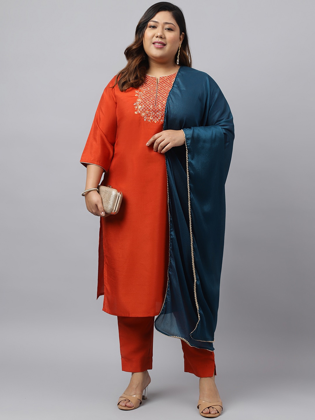 

XL LOVE by Janasya Plus Size Ethnic Motifs Embroidered Kurta with Trousers & Dupatta, Orange