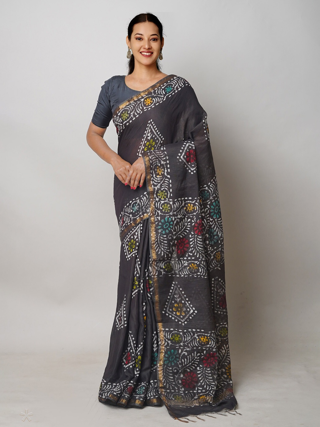 

Unnati Silks Batik Printed Silk Cotton Chanderi Saree, Black