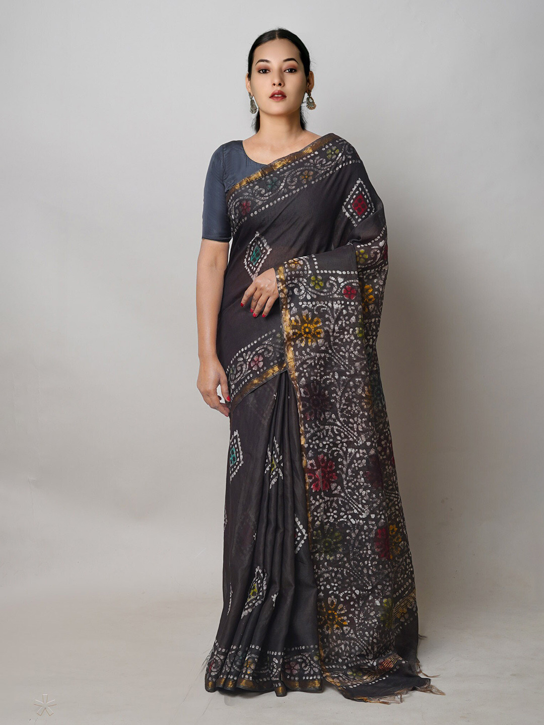 

Unnati Silks Batik Printed Chanderi Silk Cotton Saree, Black