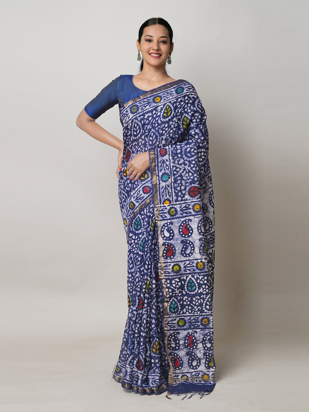 

Unnati Silks Batik Printed Silk Cotton Chanderi Saree, Navy blue