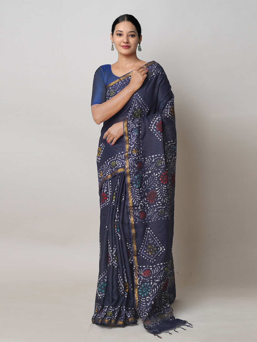 

Unnati Silks Batik Printed Silk Cotton Chanderi Saree, Navy blue